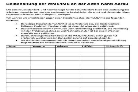 Obrázok petície:Beibehaltung der WMS/IMS an der Alten Kanti Aarau
