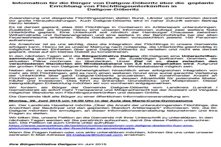 Obrázok petície:Die Anwohner von Dallgow-Döberitz für eine gleichmäßige Verteilung der Flüchtlinge im Gemeindegebiet