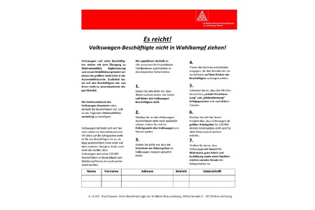 Снимка на петицията:Die Volkswagen-Beschäftigten nicht in Wahlkampf ziehen!