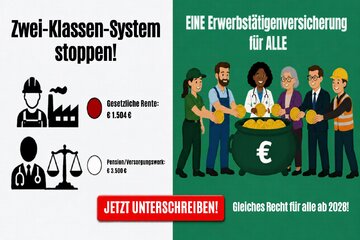 Image of the petition Ein Rententopf für alle. Keine Privilegien mehr! Rente nach 45 Jahren Arbeit muss möglich bleiben.