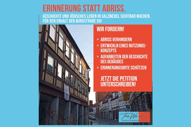 Bilde av begjæringen Erinnerung statt Abriss: Geschichte jüdischen Lebens in Salzwedel sichtbar machen. Burgstr59 erhalten!