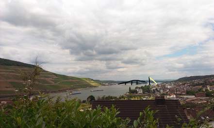 Kuva vetoomuksesta:Errichtung der Rheinbrücke von Bingen nach Rüdesheim als Zugbrücke