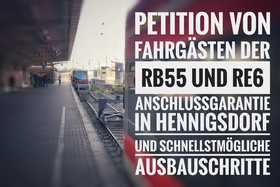 Малюнок петиції:Fahrgäste von RB55 und RE6 fordern: Anschlussgarantie in Hennigsdorf und schnellstmöglichen Ausbau