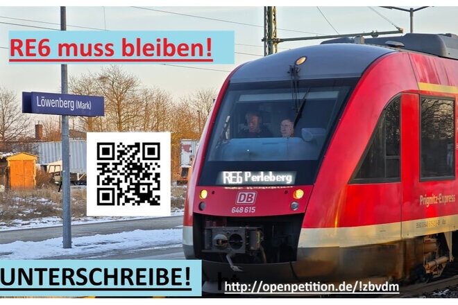 Imagen de la petición Für die Beibehaltung der neuen Streckenführung des RE6 über Löwenberg!