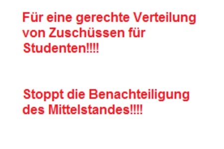 Bild der Petition Für eine gerechte Verteilung von Zuschüssen für Studenten (Mittelstand aktuell klar benachteiligt)