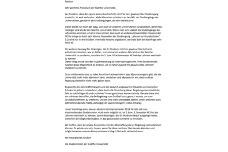 Dilekçenin resmi:Gegen die durchgängige Zulassungsbeschränkung der Lehramtsstudiengänge an der Goethe-Universität