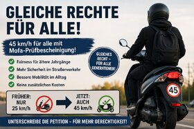 Bild der Petition: Gleichberechtigung für Inhaber der Mofa-Prüfbescheinigung – 45 km/h auch für ältere Jahrgänge erlaub