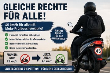 Image of the petition Gleichberechtigung für Inhaber der Mofa-Prüfbescheinigung – 45 km/h auch für ältere Jahrgänge erlaub