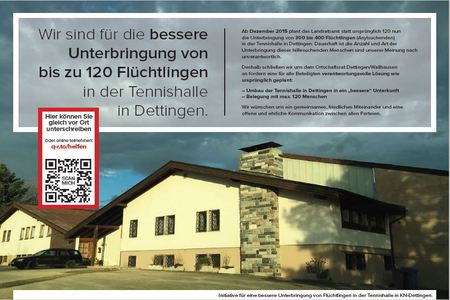 Foto van de petitie:Initiative für eine bessere Unterbringung von Flüchtlingen in der Tennishalle in KN-Dettingen