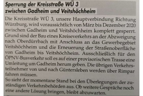 Bild der Petition: Keine Vollsperrung der Kreisstrasse Wü3 zw. Gadheim und Veitshöchheim!