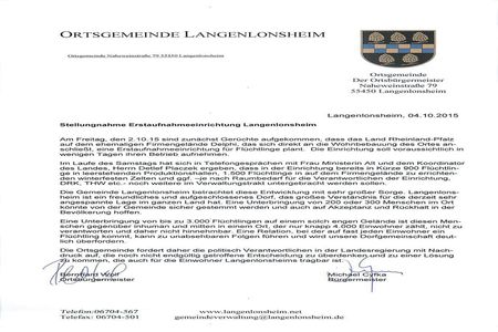 Picture of the petition:Langenlonsheim wehrt sich gegen 3000 Flüchtlinge in einer 4000  Einwohner Gemeinde