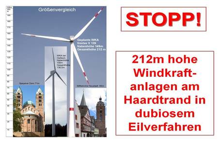 Slika peticije:Dubioses Eilverfahren für 212m hohe Windkraftanlagen am Haardtrand stoppen!