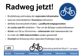 Slika peticije:Radweg jetzt! - straßenbegleitender Radweg an der L85 zwischen Golzow und Brück(Mark)