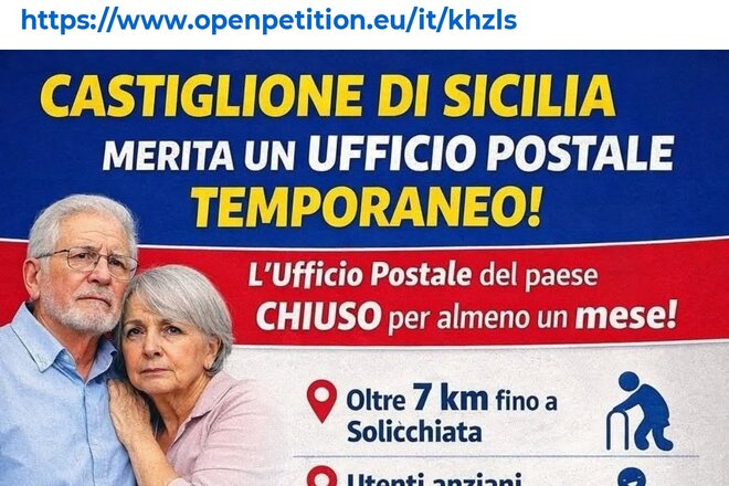 Image of the petition Servizi postali temporanei a Castiglione di Sicilia durante la chiusura dell’ufficio postale.