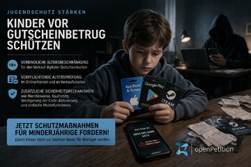 Bild der Petition „Stoppt Gutscheinbetrug an Kindern – Gesetzliche Altersgrenzen für digitale Guthabenkarten!“