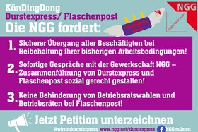 Изображение петиции:Übernahme statt Kündigung bei Durstexpress & Soziale Standards und Betriebsräte bei Flaschenpost