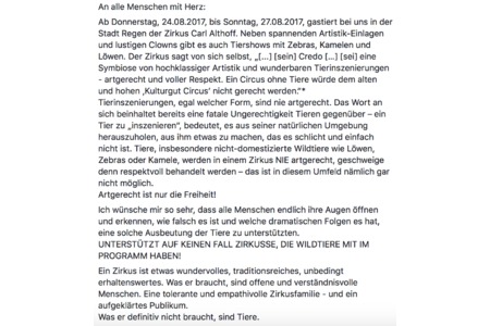 Slika peticije:Wildtiere raus aus dem Zirkus - Wildtierverbot in Regen