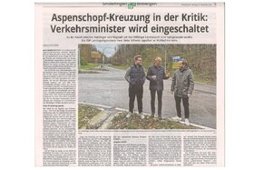 Малюнок петиції:Wir fordern den Umbau der Kreuzung „Aspenschopf“ (L1189/K1065) in einen Kreisverkehr (Magstadt)