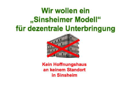 Obrázek petice:Wir fordern ein "Sinsheimer Modell" für dezentrale Unterbringung. Kein Hoffnungshaus für Sinsheim!