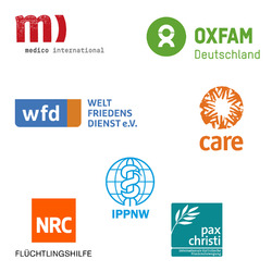 Logo CARE, IPPNW, medico international, NRC Flüchtlingshilfe, Oxfam, pax christi, Weltfriedensdienst